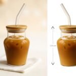 Curvy Clear Glass Drinking Cup with Bamboo Lid and Glass Straw