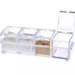 Acrylic Seasoning Box 4 Pieces set on stand with spoons.