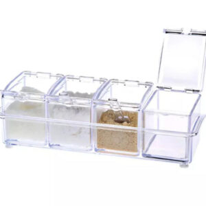 Acrylic Seasoning Box 4 Pieces set on stand with spoons.