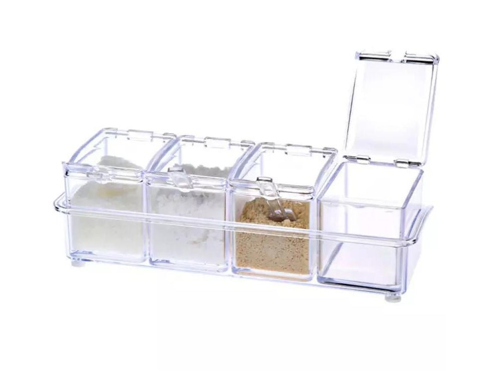 094fd2722cc906ecfc58a166c2fe59f1.jpg Acrylic Seasoning Box 4 Pieces set on stand with spoons.