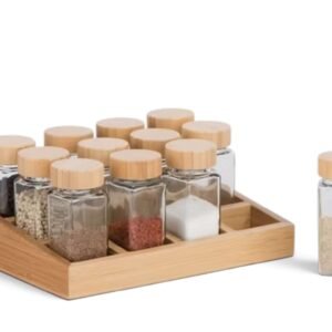 Set of 12 Glass Spice Jars with Bamboo Stand