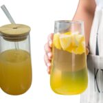 Long Smooth Clear Glass Drinking Cup with Bamboo Lid and Glass Straw