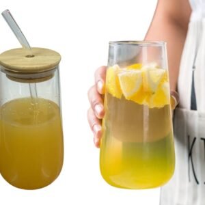 Long Smooth Clear Glass Drinking Cup with Bamboo Lid and Glass Straw