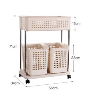2-Tier Rolling Laundry Basket Cart with 4X Wheels, 3X Plastic Laundry Box