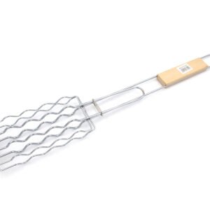 Hot Dog Grill Basket with wooden handle. Easily grill and turn several sausages or hot dog at the same time!