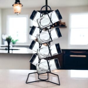 8 Pieces Glass Cruets Set with Metal Black Cover & Stand