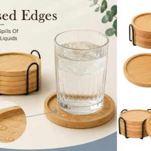 Bamboo Wooden Round Coaster Set of 6 on Iron Stand