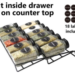 Glass Spice Set 12 Pieces with Metal Rack for Drawers and Flat Surfaces