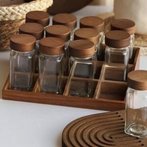 Set of 12 Glass Spice Jars with Acacia cover and Stand