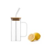 Square Smooth Clear Glass Drinking Mug with Bamboo Lid and Glass Straw