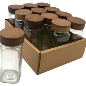 Set of 12 Glass Spice Jars with Acacia Wood Cover