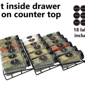 Glass Spice Set 18 Pieces with Metal Rack for Drawers and Flat Surfaces