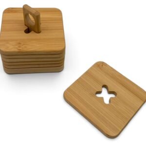 Bamboo Wooden Square Coaster Set of 6 with Stand