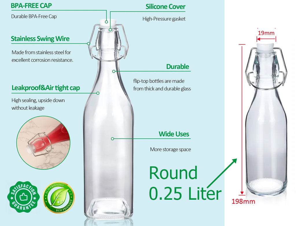 6d5961cff30fd977a0a00a6f498f9ff0.jpg Round Glass Bottle with Flip-top Airtight Lid 0.25 Liter