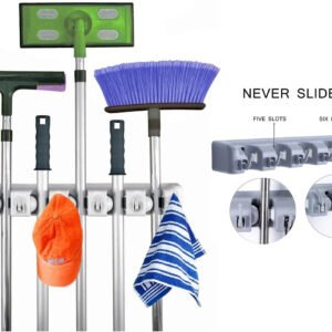 Wall Mounted Broom Holder 5 Slots 6 Hooks
