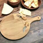 Wooden Round Cheese Board with Long Handle and 2 Knives