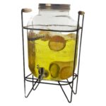 Glass beverage dispenser with tap and metallic stand with wooden handles