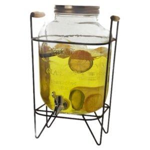Glass beverage dispenser with tap and metallic stand with wooden handles