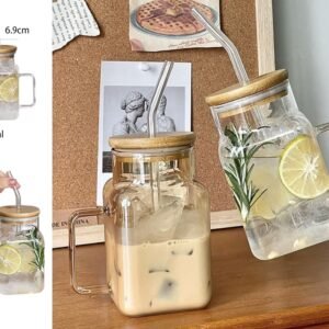 Large Square Clear Glass Drinking Mug with Bamboo Lid