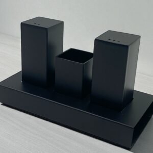 Mat Black Stainless Steel Salt and Pepper and Toothpicks Set on Stand