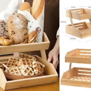 Wooden Bamboo Fruit Basket for Kitchen Counter 2 Tier