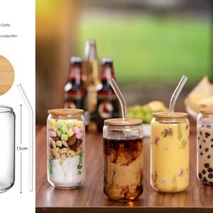 Round Smooth Clear Glass Drinking Cup with Bamboo Lid and Glass Straw
