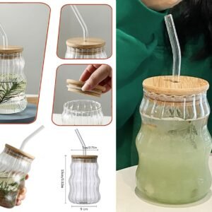 Wavy Glassware Drinking Cup with Bamboo Lid and Glass Straw