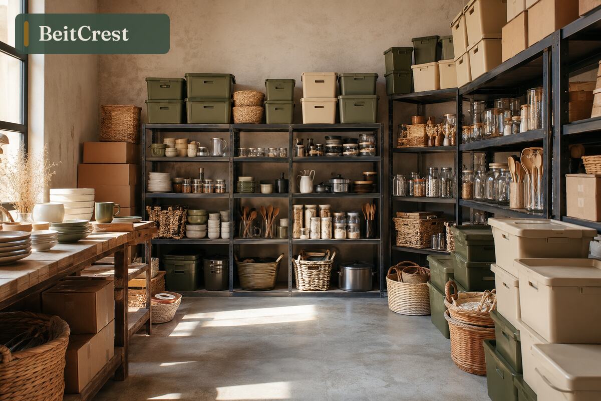 Shelving racks stacked with pots, storage boxes and kitchenware in the BeitCrest warehouse