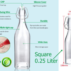 SquareGlass Bottle with Flip-top Airtight Lid 0.25 Liter