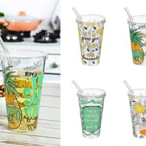 Summer Time Plastic Cup 600 ml with Glass Straw