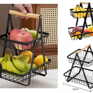 Black Iron 2 Tiers Fruit Basket with Wooden Handle