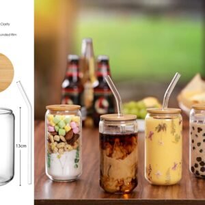 Round Smooth Clear Glass Drinking Cup with Bamboo Lid and Glass Straw