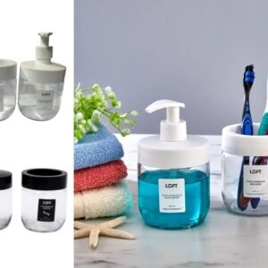 Glass Bathroom Soap Dispenser and Toothbrush Holder Set