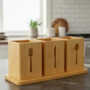 Bamboo Cutlery Holder 3 Engraved Square Cups on a Plate
