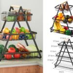 Black Iron 3 Tiers Fruit Basket with Wooden Handle