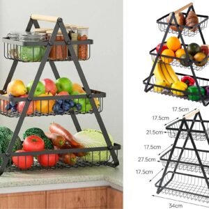 Black Iron 3 Tiers Fruit Basket with Wooden Handle