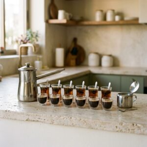 Stainless steel rakwe coffee pot with six tea glasses and six double-wall espresso cups — Ahwe & Shay for Twelve bundle