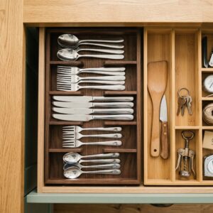 Thirty-piece stainless cutlery set laid out in a wooden sliding drawer tray — The Cutlery Drawer for Twelve bundle