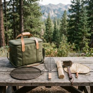 Cooler bag, round grill, sausage basket, bamboo skewers and BBQ fan on an outdoor table — Grill Night bundle