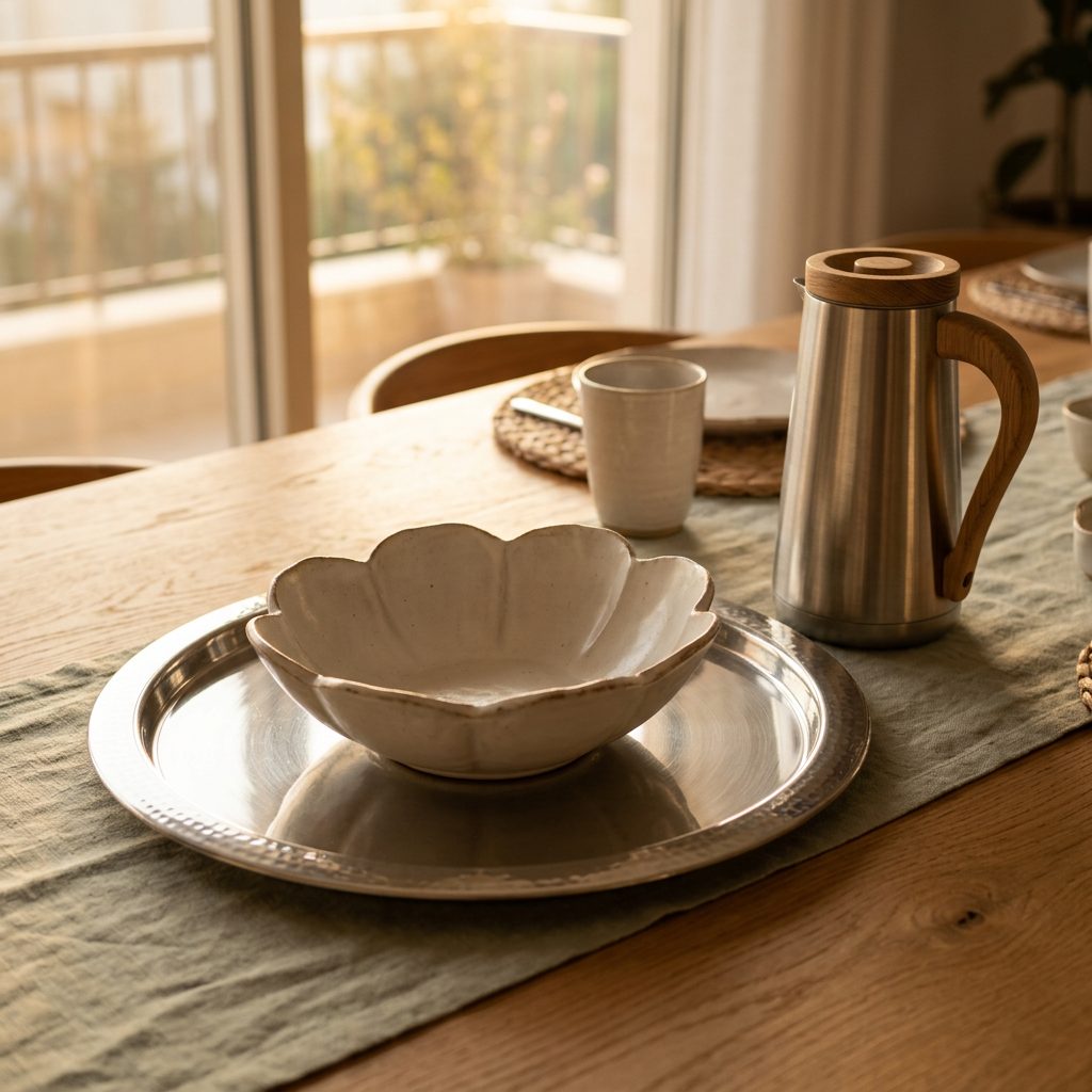 bundle-iftar-table Large stainless serving tray, wide salad bowl and insulated carafe set for iftar at sunset — The Iftar Table bundle