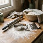 Rolling pin, round dough cutter, shish barak cutter and dough scraper on a floured surface — Kibbeh & Manakish Day bundle