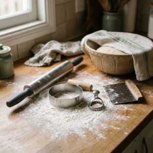 Rolling pin, round dough cutter, shish barak cutter and dough scraper on a floured surface — Kibbeh & Manakish Day bundle