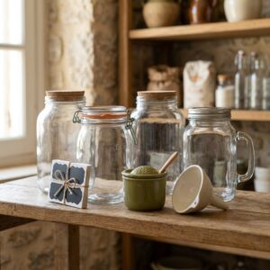 Large glass preserving jars with clip seals, funnel and chalkboard labels on a pantry shelf — The Mouneh Shelf bundle
