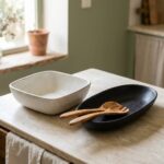 Large square and oval matt black serving bowls with serving spoons — Salad & Serving Table bundle