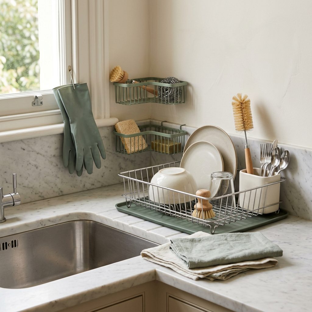 bundle-sink-corner Draining board, dish rack, cutlery drainer, sink baskets and brushes around a kitchen sink — The Sink Corner bundle