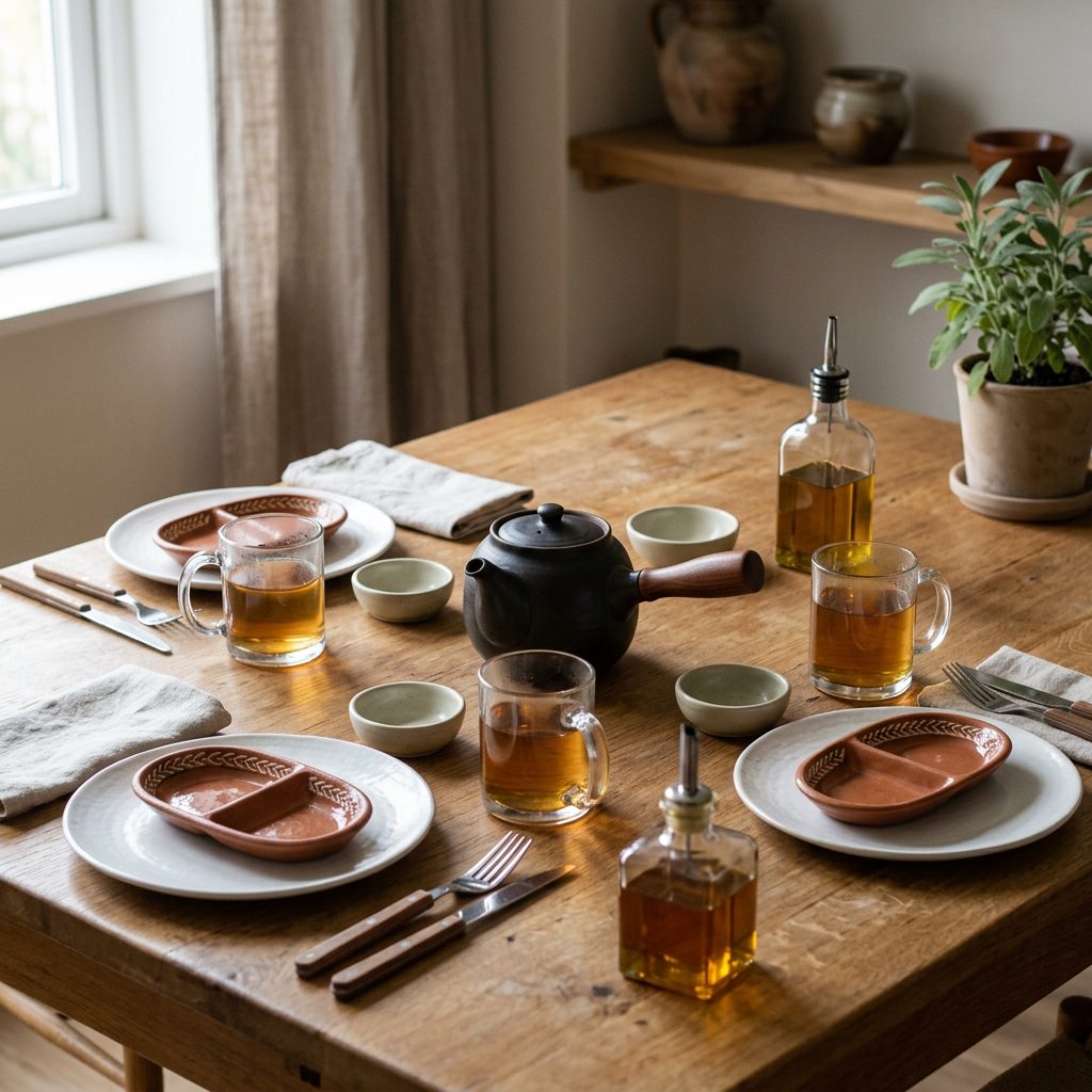 bundle-sobhiyeh-for-four Teapot, divided plates, glass mugs, side plates and sauce bowls set for a Lebanese breakfast — Sobhiyeh for Four bundle