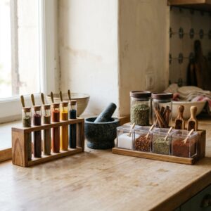 Spice box stands with spoons, airtight spice jars and a granite pestle and mortar — The Spice Drawer bundle