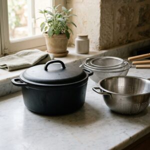 Large black 6.4 litre casserole pot with stainless and mesh colanders — The Big Pot bundle