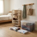 Clear 50 litre storage box, wooden multi-hook hanger, vacuum bags and shoe rack — Wardrobe Reset bundle
